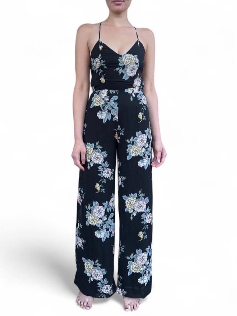 Boutique Lulus black Summer floral Wide leg back tie Jumpsuit